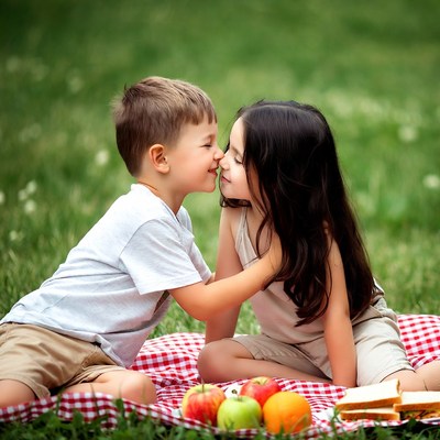 Boy and girl kissing on picnic blanket