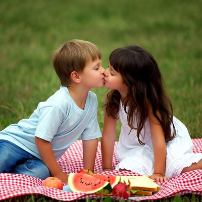 Boy and girl kissing on picnic