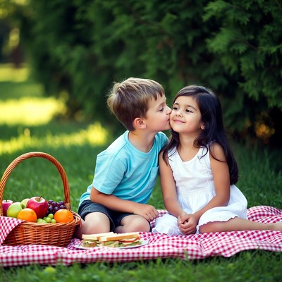 Boy kissing girl on picnic