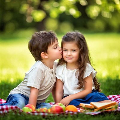 Boy kissing girl on picnic