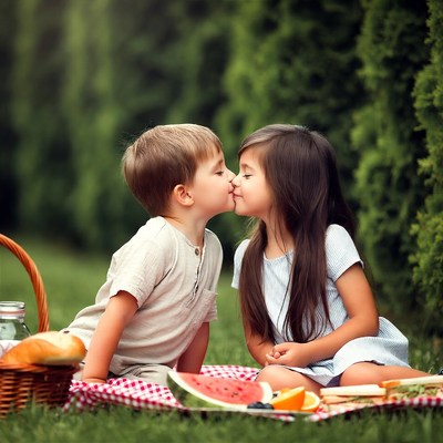 Boy and girl kissing in forest picnic