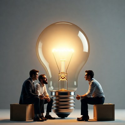 Three men discussing giant lightbulb