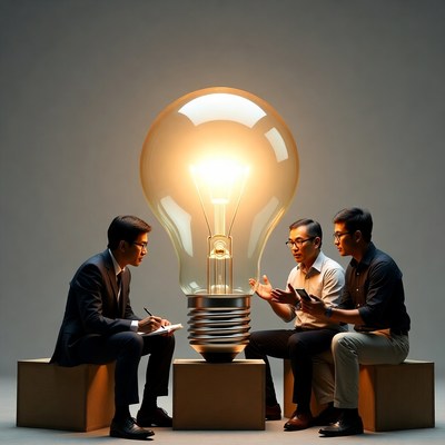 Three Asian men discussing giant lightbulb