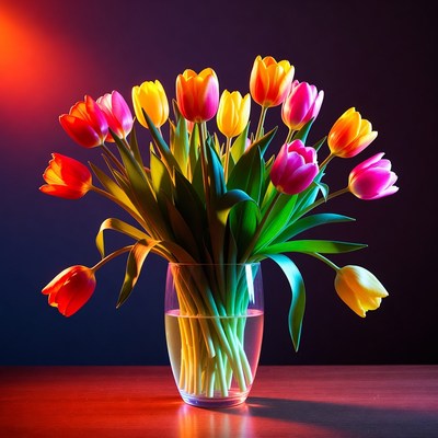 Colorful Tulips in Glass Vase