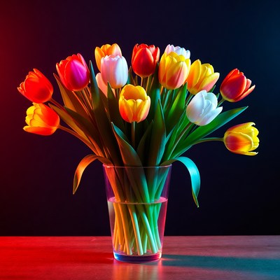 Colorful Tulips in Glass Vase