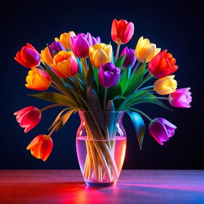 Colorful Tulips in Glass Vase