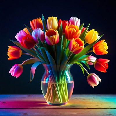 Colorful Tulips in Glass Vase