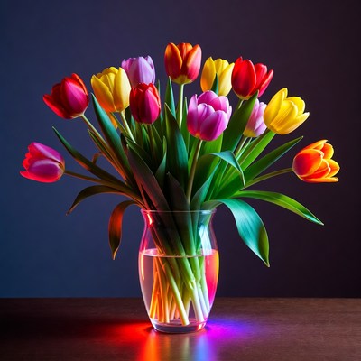 Colorful Tulips in Glass Vase