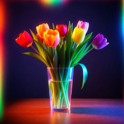 Rainbow Tulips in Glass Vase