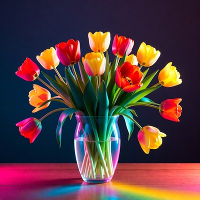 Colorful Tulips in Glass Vase