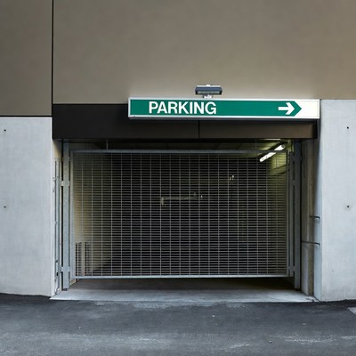 Green Parking Sign Above Garage Door