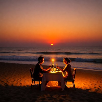 Couple dining at sunset beach