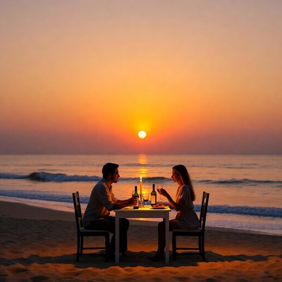 Couple dining at sunset beach
