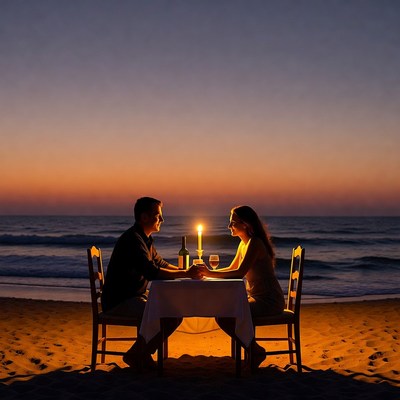 Romantic couple dining on beach sunset