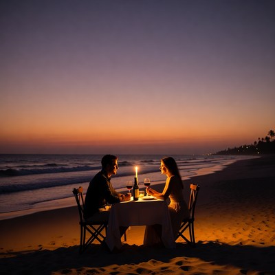Romantic couple dining on beach sunset