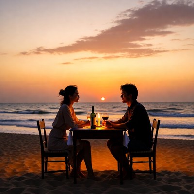 Couple dining at sunset beach