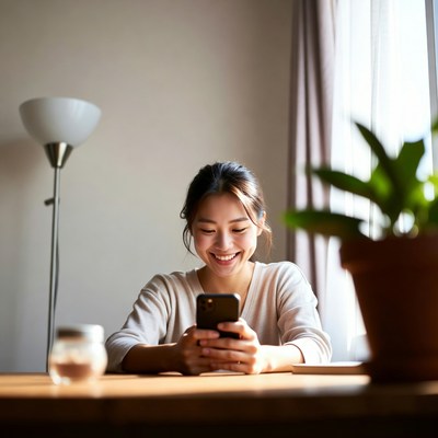 Asian woman smiling using smartphone