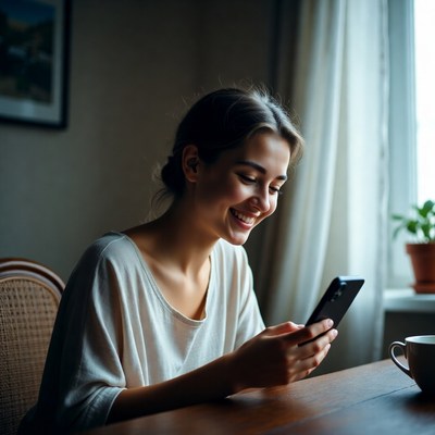 Smiling woman using smartphone at table