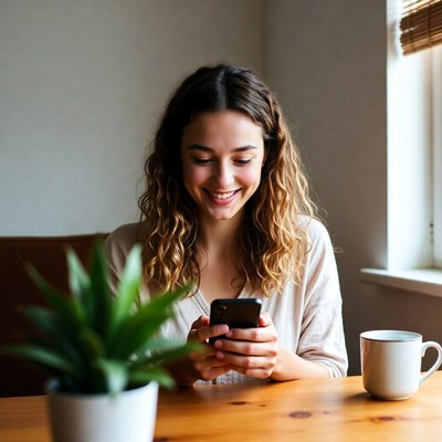 Woman smiling using smartphone at table