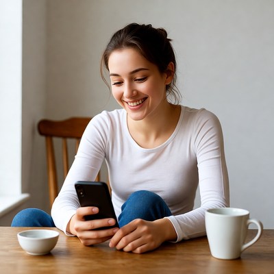 Woman smiling using smartphone at table