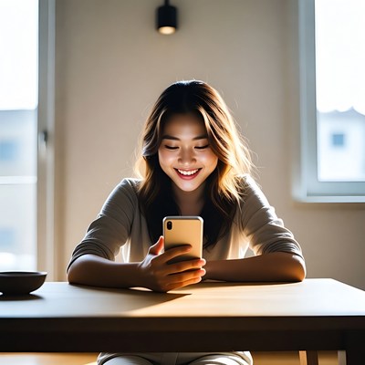 Asian woman using smartphone at table