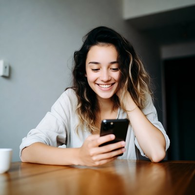 Young woman smiling at smartphone