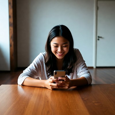 Asian woman using smartphone at table