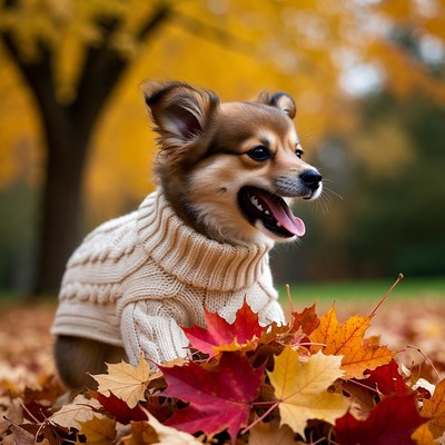 Puppy in Sweater Among Autumn Leaves