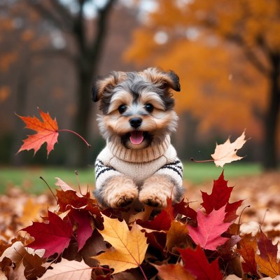 Puppy in sweater amid autumn leaves