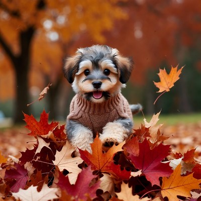Puppy in sweater playing autumn leaves