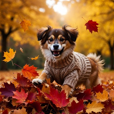 Dog in Sweater Playing Autumn Leaves