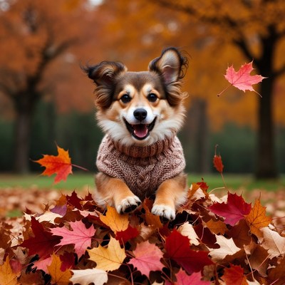Corgi in sweater on autumn leaves