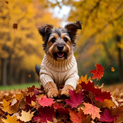 Yorkie dog in sweater on autumn leaves