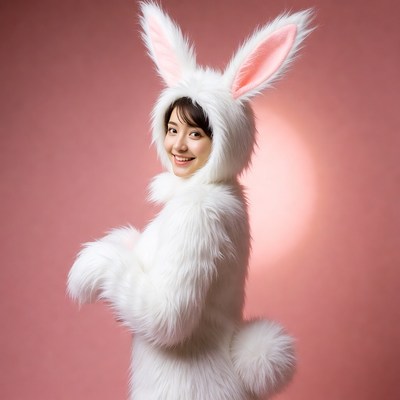 Asian woman in white bunny costume