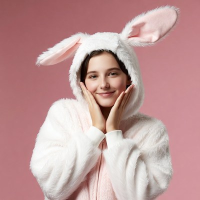 Girl in white bunny onesie
