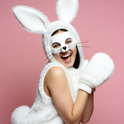 Woman in white bunny costume smiling