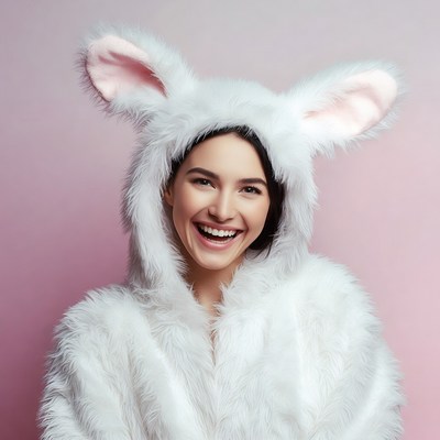 Woman smiling in bunny ears hoodie