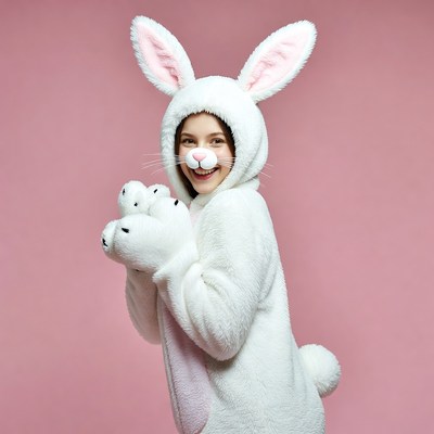 Girl in fluffy white bunny costume