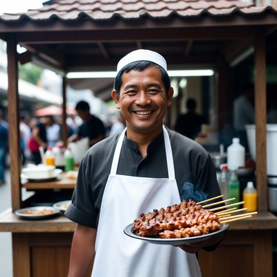 Asian man holding satay skewers