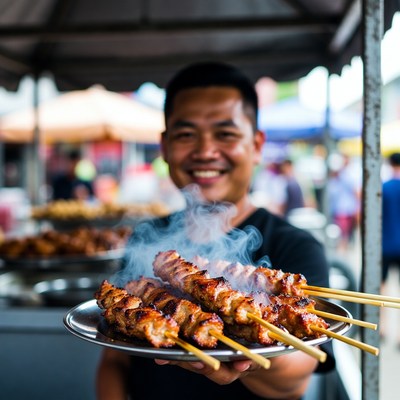 Asian man holding grilled satay skewers