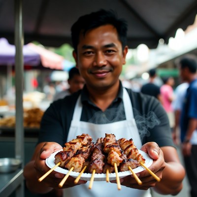 Asian man holding grilled skewers