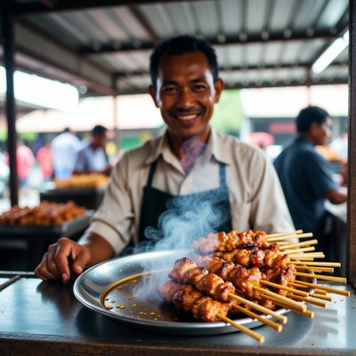 Asian man serving satay skewers