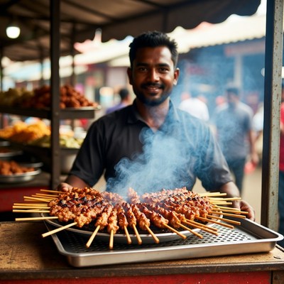 Smiling man holding skewers at market stall