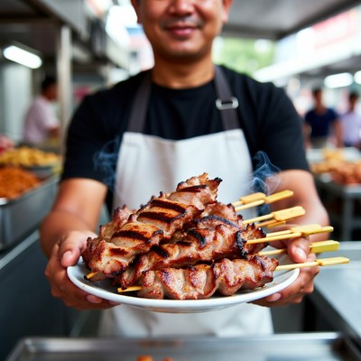 Asian man holding grilled satay skewers