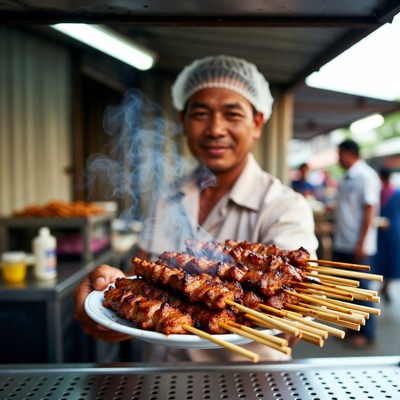 Asian man serving grilled satay skewers
