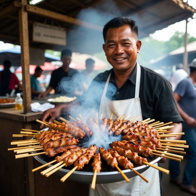 Asian chef holding skewers at market