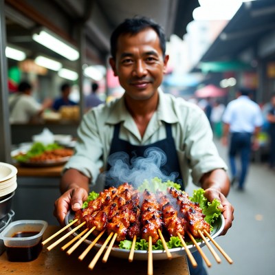 Asian man serving grilled skewers