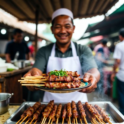 Asian man serving grilled skewers at market