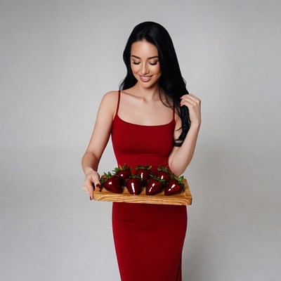 Asian woman holding chocolate strawberries