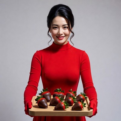 Asian woman holding chocolate strawberries
